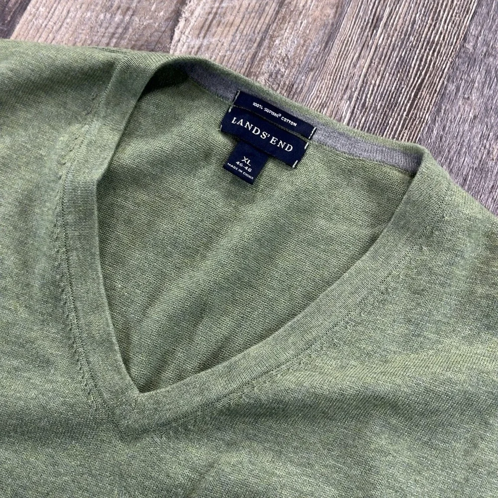 Lands End Sweater Vest Mens XL Green 100% Supima Cotton Pullover Preppy Academia